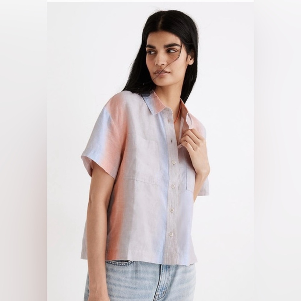 Madewell Ombre Linen Beachside Short Sleeve Button Up Shirt